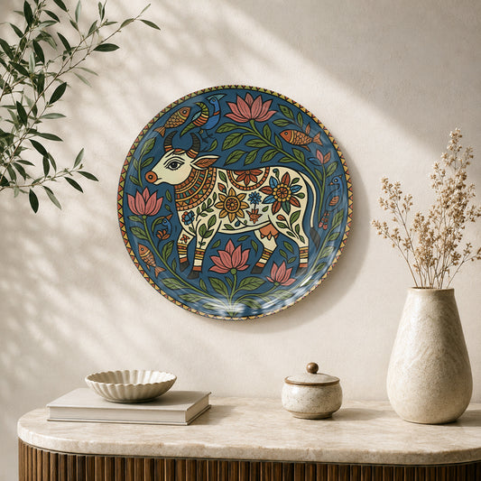 Sacred Grace Madhubani cow ceramic wall plate featuring a decorated cow and lotus flowers