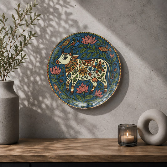 Madhubani cow ceramic wall plate souvenir with Indian folk art, botanical motifs and deep blue artwork