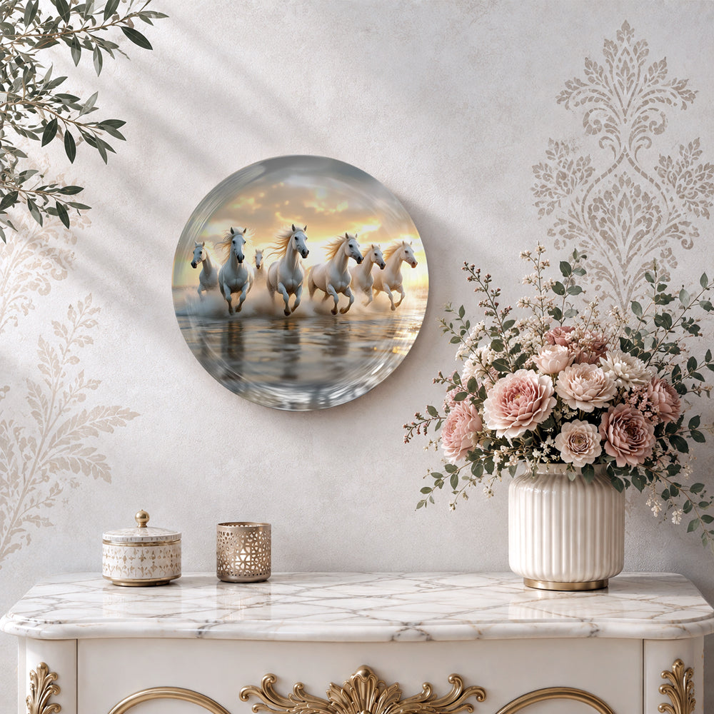 Vaastu seven horses ceramic wall plate symbolizing prosperity, success and forward movement