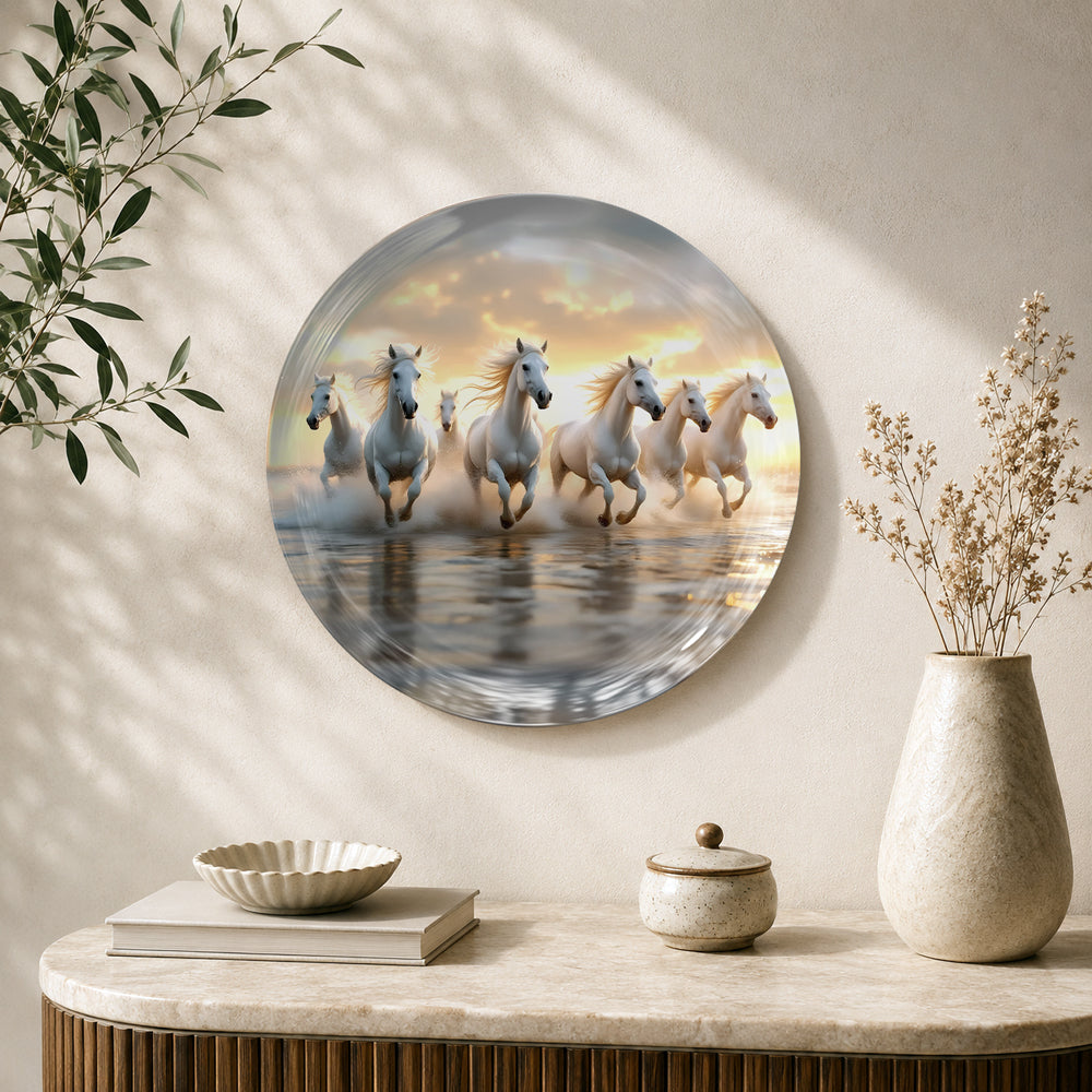 Galloping Prosperity Vaastu ceramic wall plate with seven running horses and golden sky