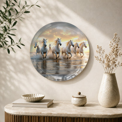Galloping Prosperity Vaastu ceramic wall plate with seven running horses and golden sky