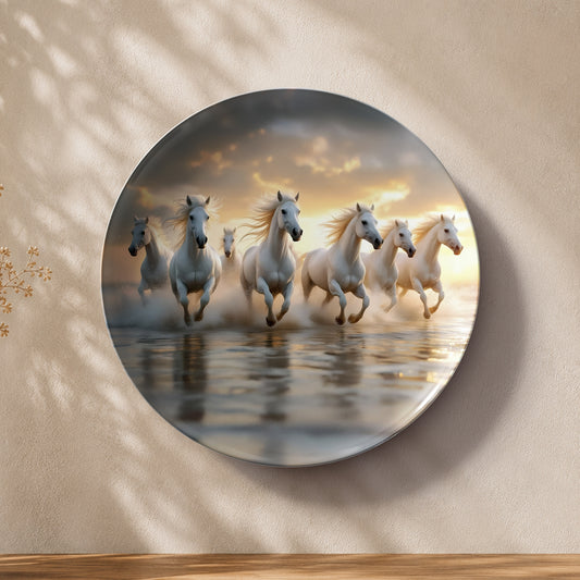 Seven horses Vaastu ceramic wall plate featuring galloping horses reflected in tranquil water