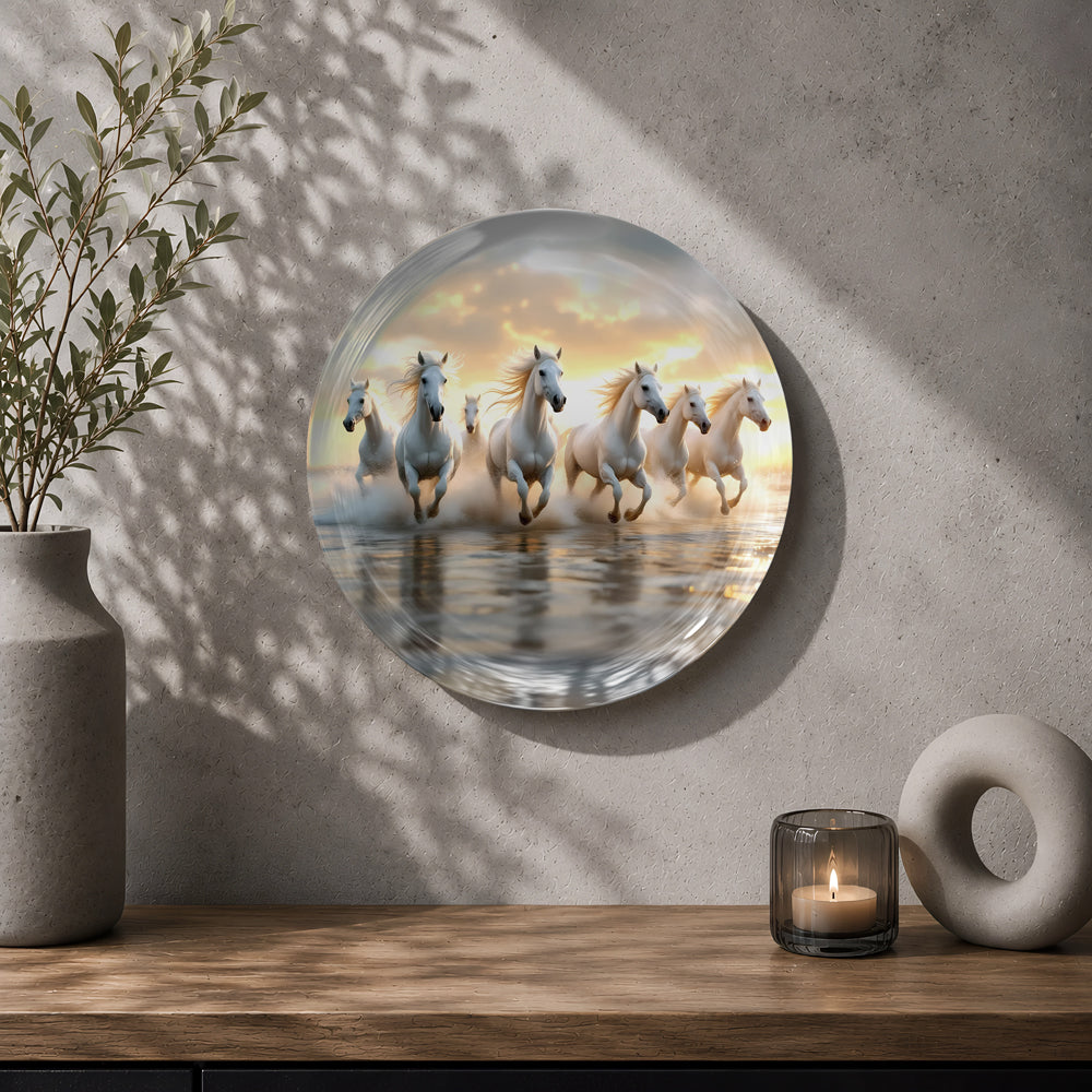 Seven running horses ceramic wall decor plate with golden sunset and water reflections