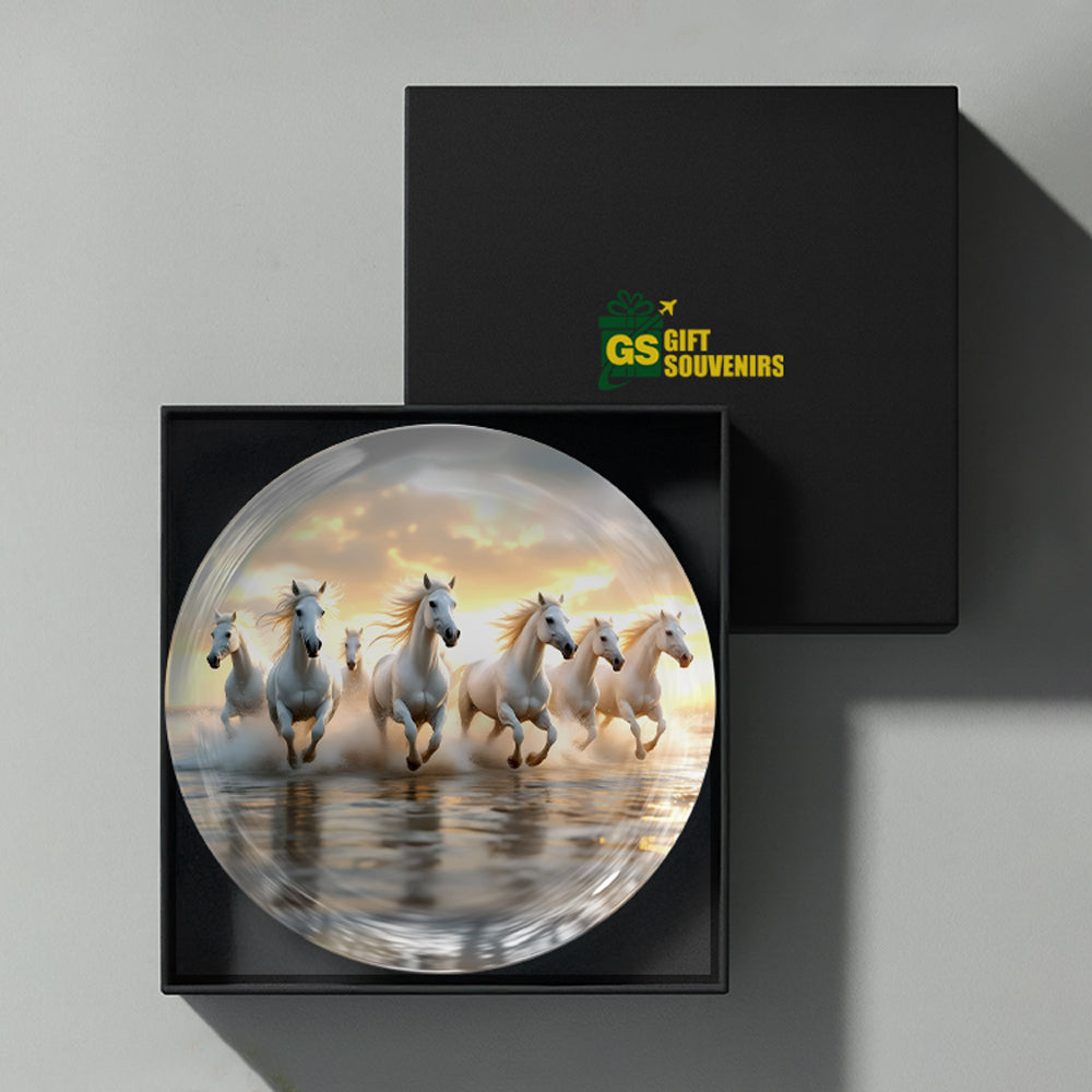 Vaastu seven horses ceramic wall plate presented in a premium gift box for prosperity-inspired decor