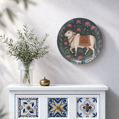 Vaastu ceramic wall plate featuring a decorated white cow surrounded by lotus flowers and foliage