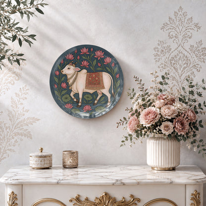 Sacred Serenity divine cow wall decor plate with traditional Indian-inspired floral artwork