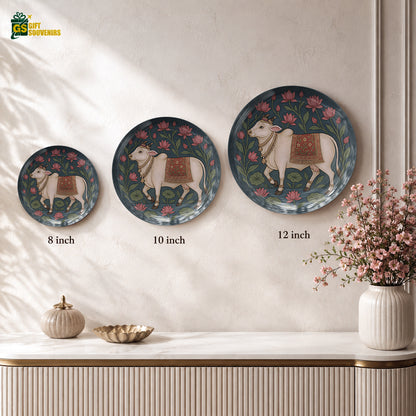 Sacred Serenity Vaastu cow ceramic wall plate with floral artwork and premium gift box