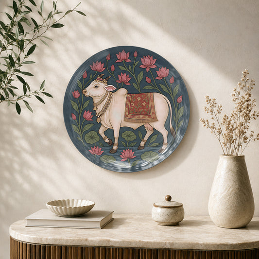Sacred Serenity Vaastu cow ceramic wall plate with divine cow and lotus floral artwork