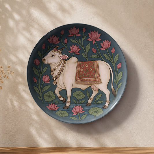 Sacred Serenity decorative cow ceramic wall plate for Vaastu and Indian heritage home decor