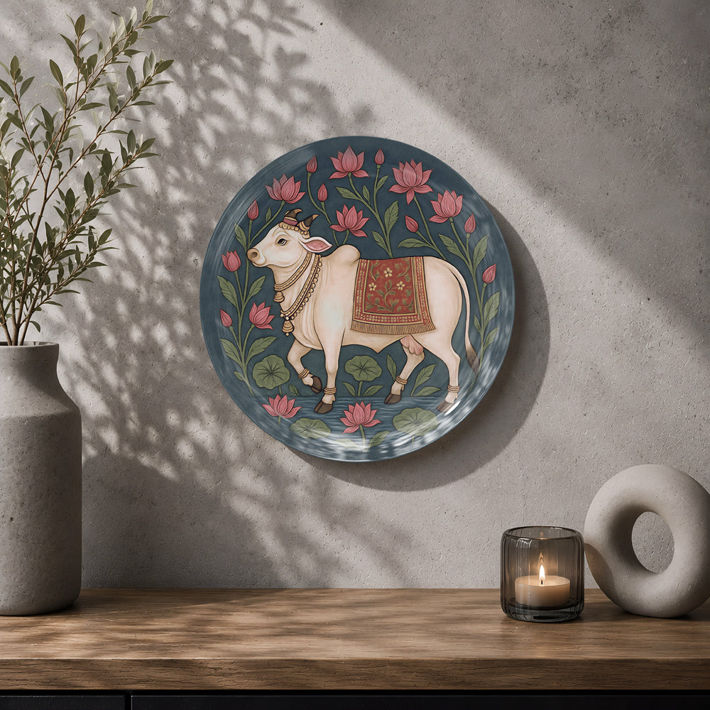 Decorative cow and lotus ceramic wall plate symbolizing purity, prosperity and abundance