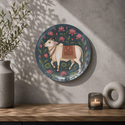 Decorative cow and lotus ceramic wall plate symbolizing purity, prosperity and abundance