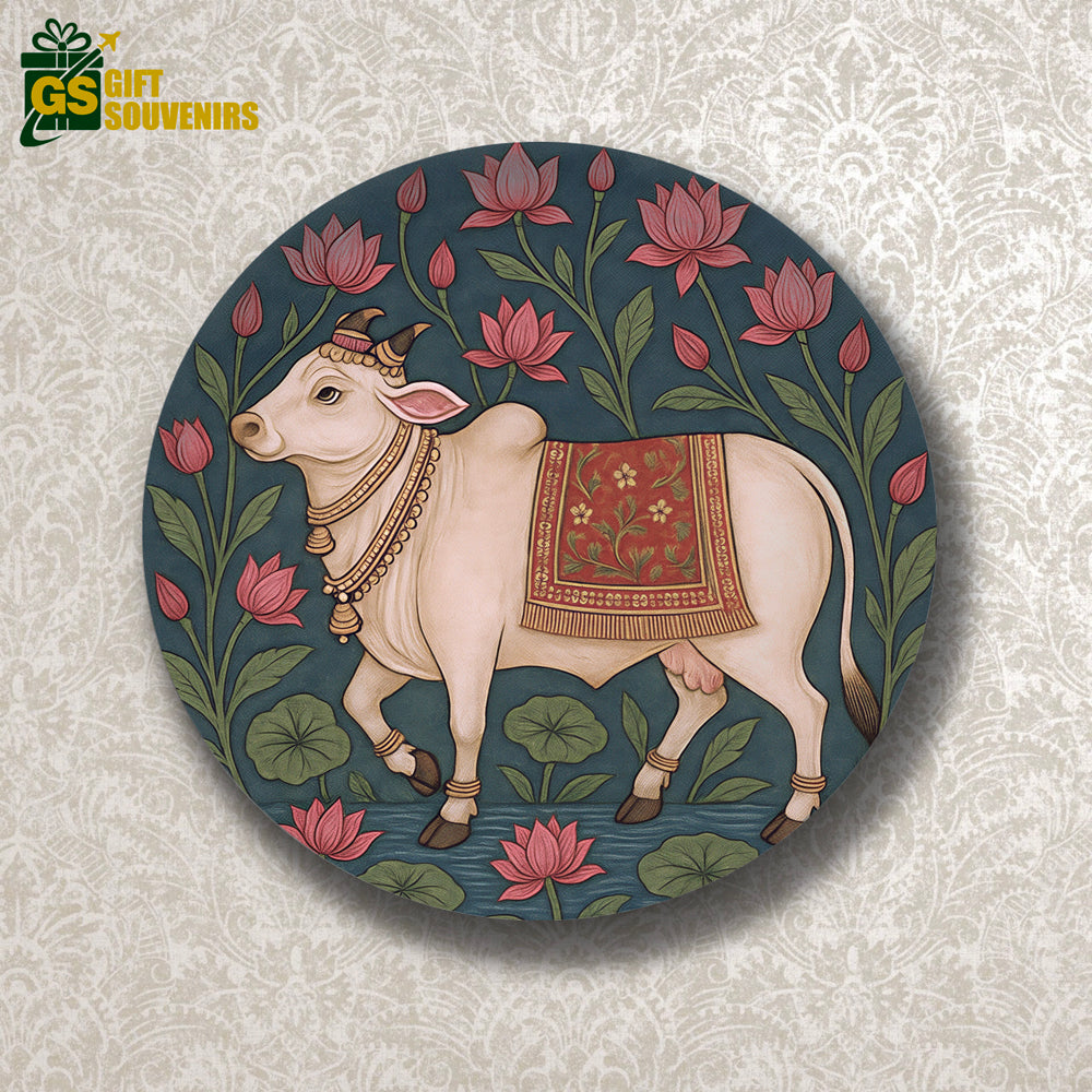 Sacred Serenity – Divine Cow with Lotus Motif Ceramic Plate