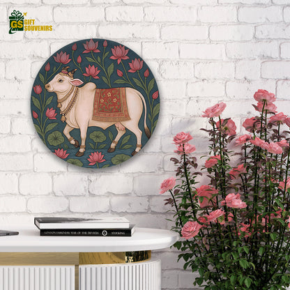 Sacred Serenity – Divine Cow with Lotus Motif Ceramic Plate