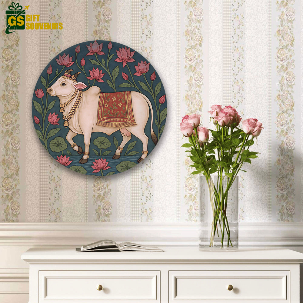 Sacred Serenity – Divine Cow with Lotus Motif Ceramic Plate