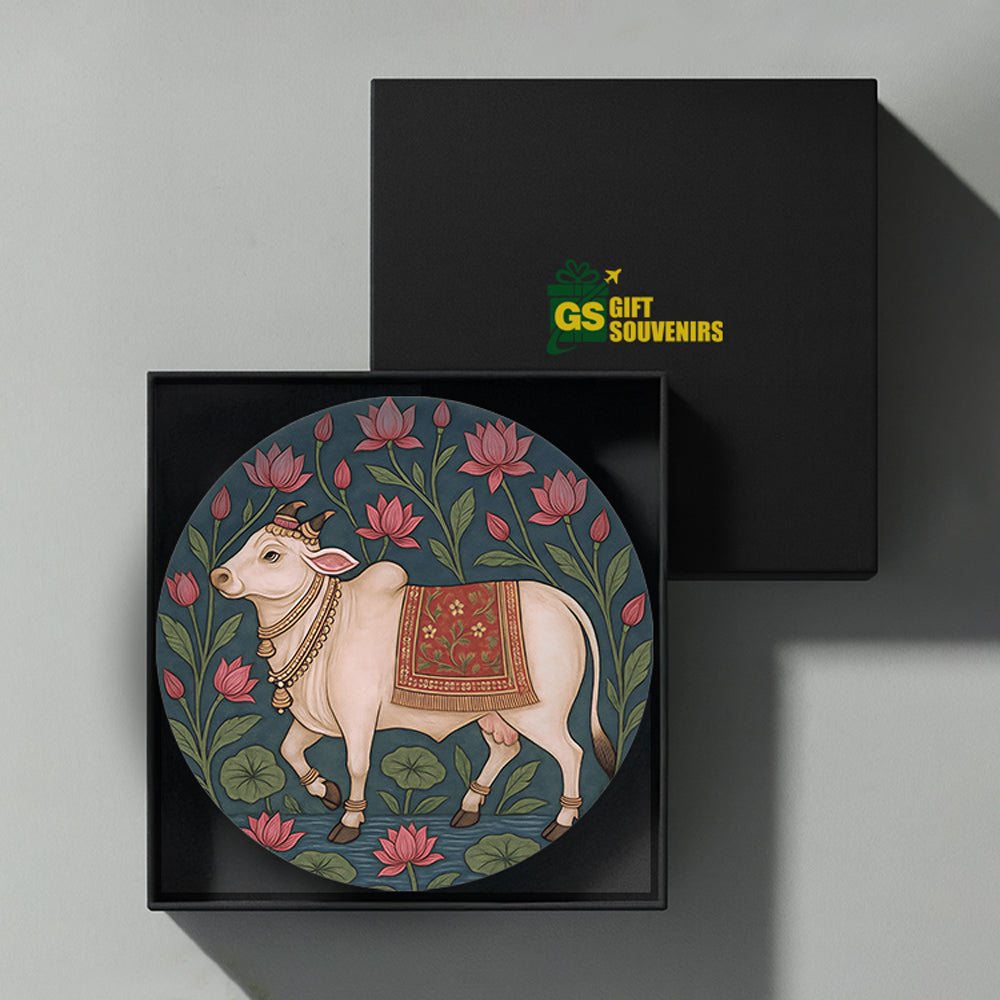 Sacred Serenity – Divine Cow with Lotus Motif Ceramic Plate