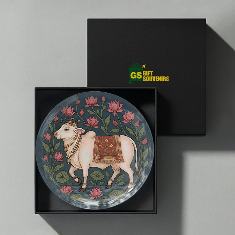 Divine cow ceramic wall plate presented in a premium gift box for Vaastu-inspired gifting