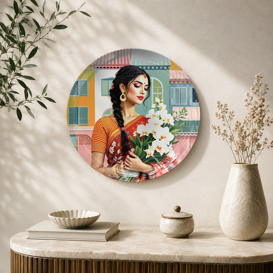 Floral Grace contemporary Indian ceramic wall plate featuring elegant woman in saree holding flowers