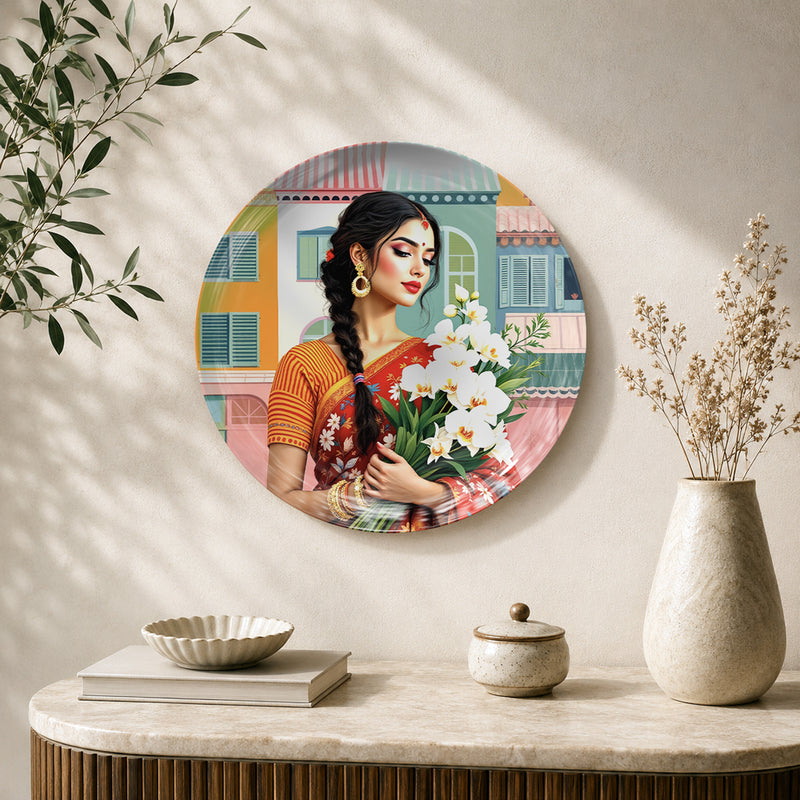 Floral Grace contemporary Indian ceramic wall plate featuring elegant woman in saree holding flowers