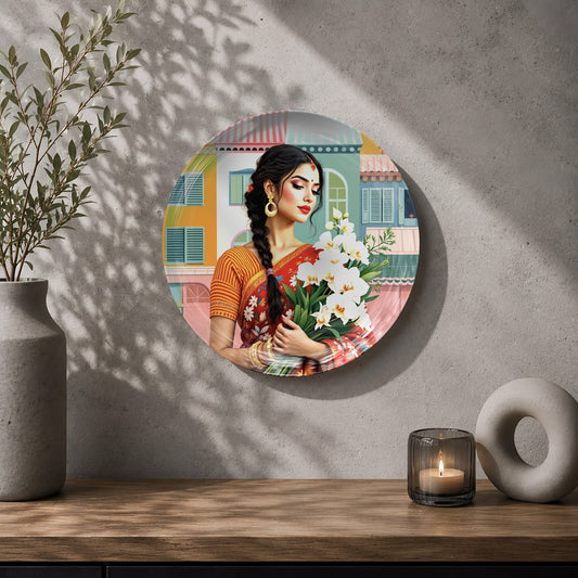 Indian saree ceramic wall plate souvenir featuring graceful woman with floral arrangement