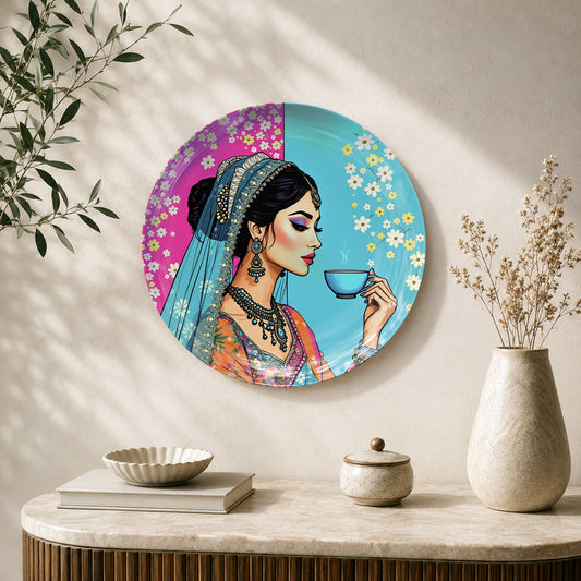 Chai & Charm modern Indian ceramic wall plate featuring an elegant woman enjoying a cup of chai