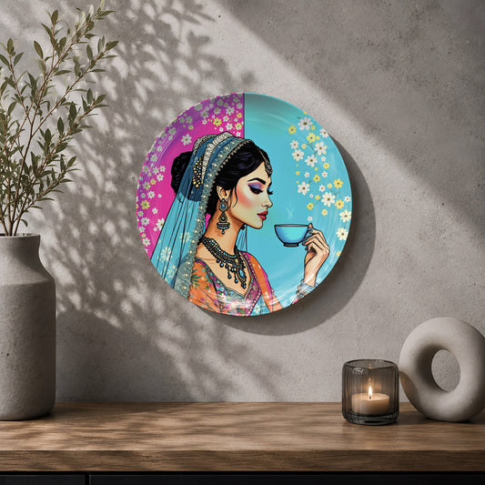 Indian contemporary ceramic wall plate souvenir featuring woman with traditional jewellery and chai