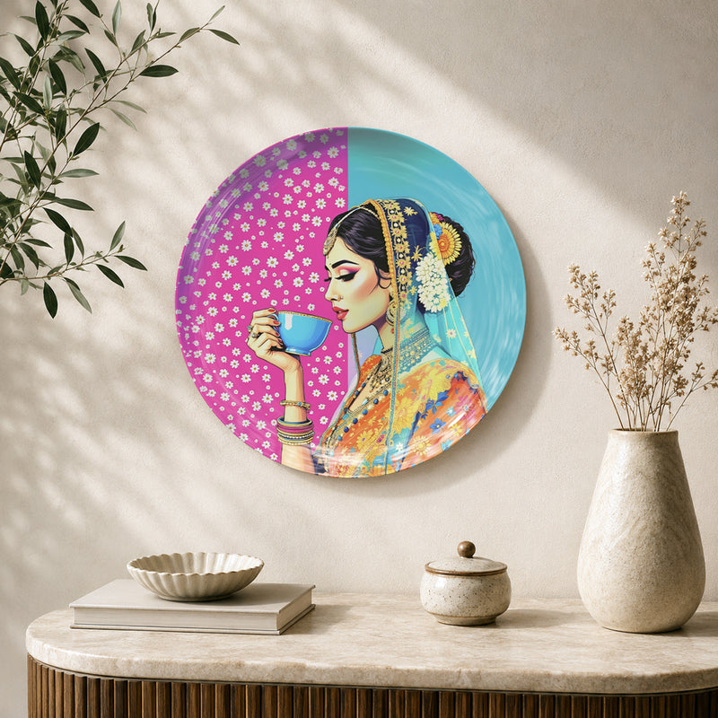 Sip of Elegance modern Indian ceramic wall plate featuring a graceful woman with traditional jewellery