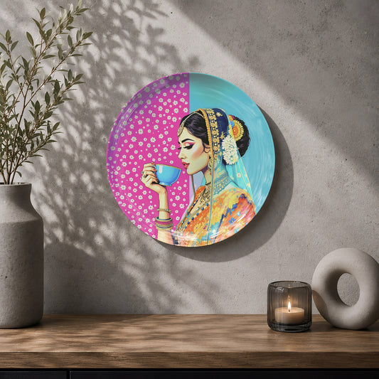 Indian contemporary ceramic wall plate souvenir featuring an elegant woman enjoying a cup