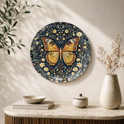 Wings of Harmony golden butterfly ceramic wall plate featuring intricate floral artwork