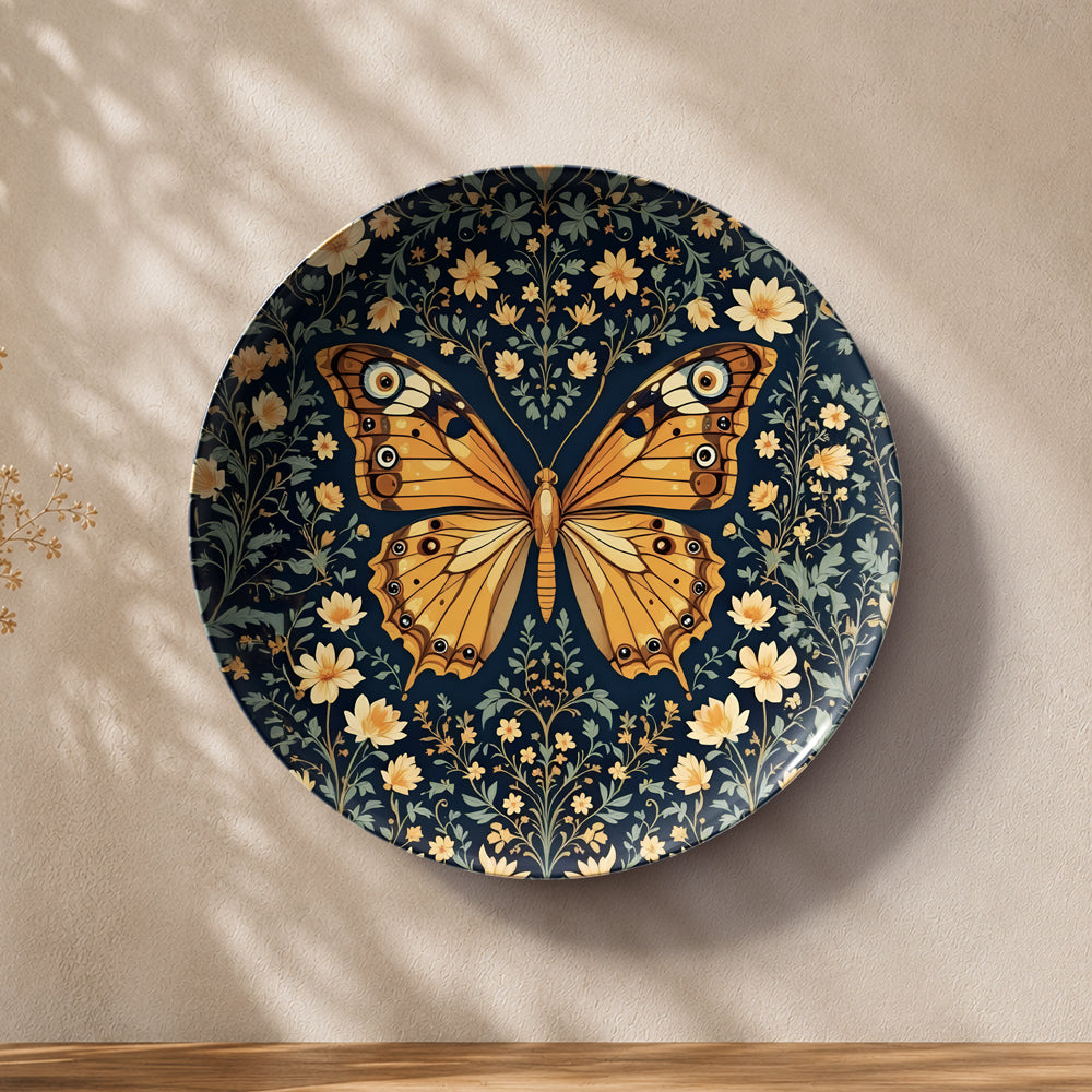 Contemporary butterfly ceramic wall plate featuring golden butterfly, flowers and ornamental detailing