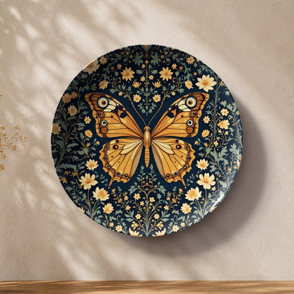 Contemporary butterfly ceramic wall plate featuring golden butterfly, flowers and ornamental detailing