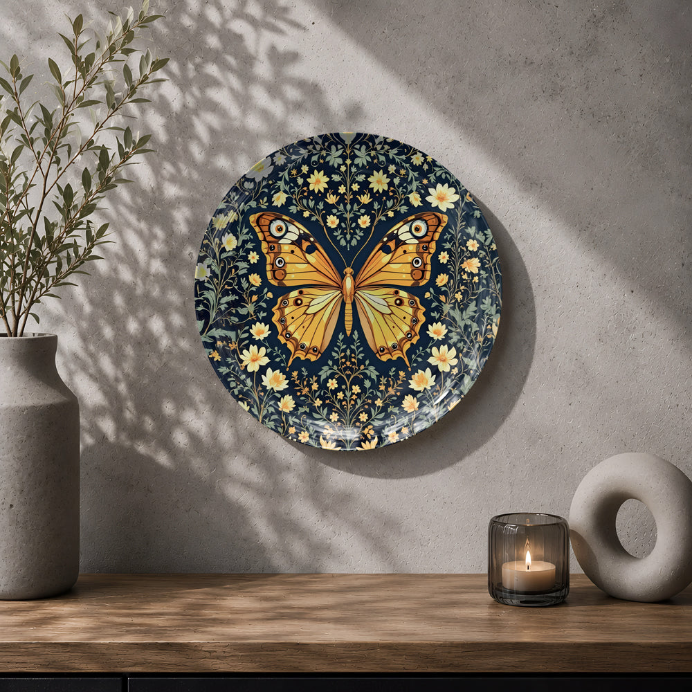 Golden butterfly ceramic wall plate souvenir with floral patterns and deep blue decorative background