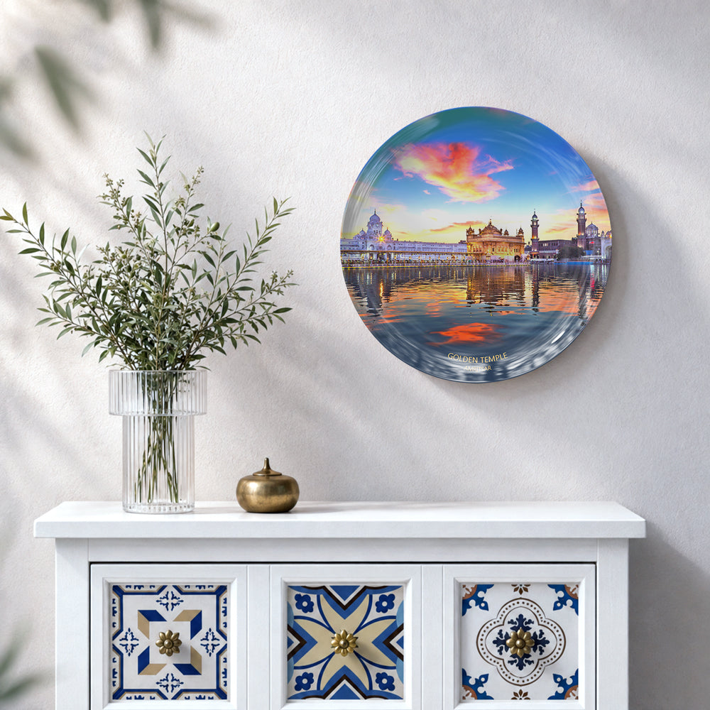 Punjab heritage ceramic wall plate featuring Golden Temple architecture reflected in the Amrit Sarovar
