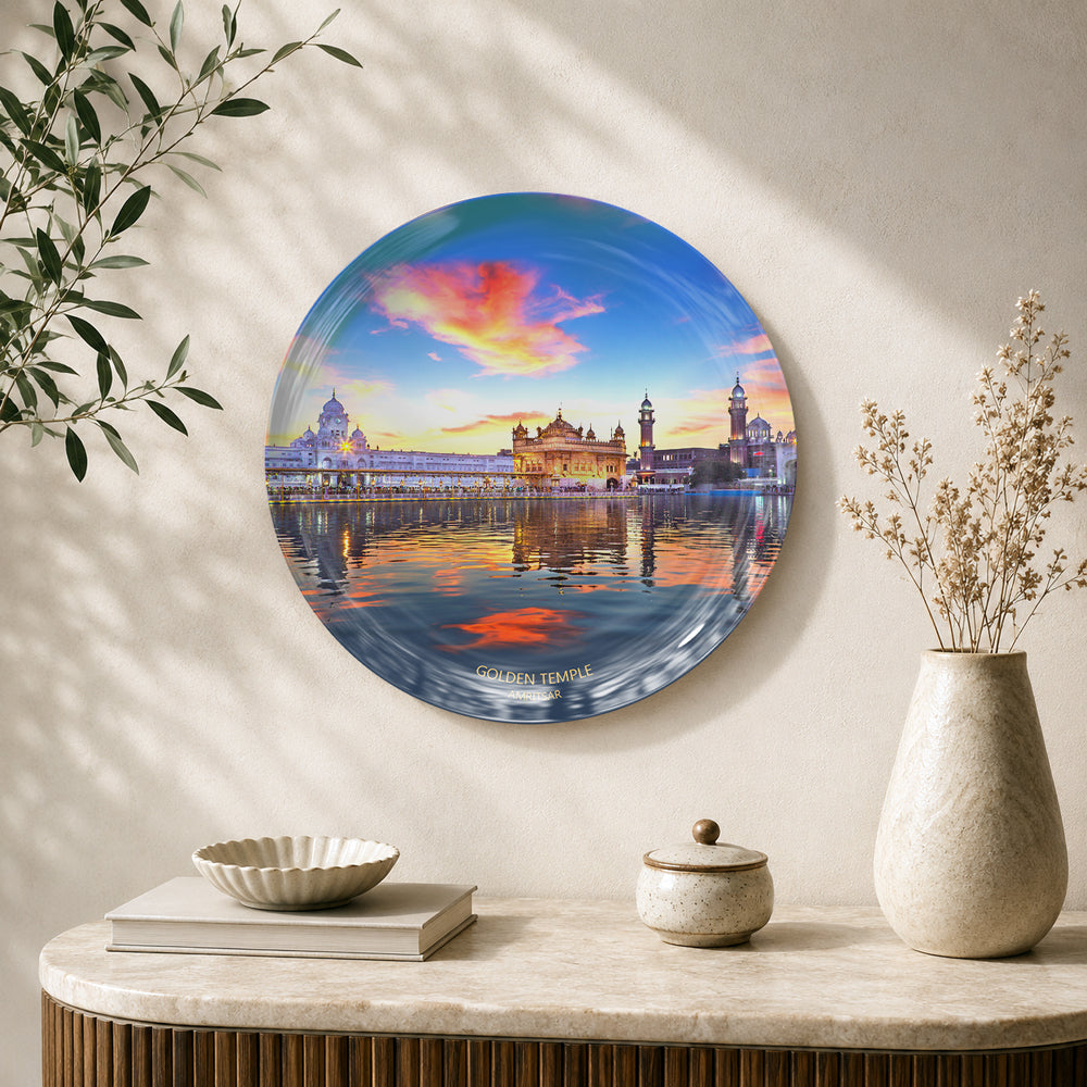 Evening at the Golden Temple Amritsar ceramic wall plate featuring the illuminated temple and water reflection