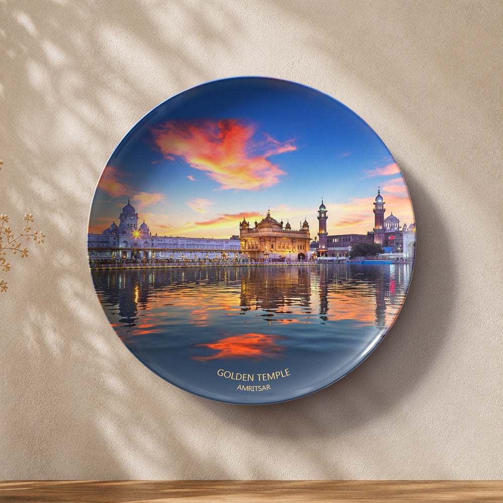 Golden Temple Amritsar ceramic wall plate souvenir showcasing Punjab heritage at evening