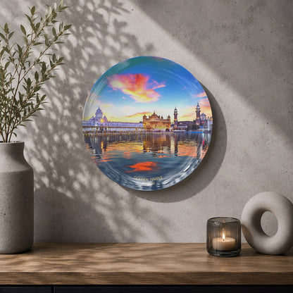 Evening Golden Temple ceramic wall plate featuring colourful sky, glowing architecture and reflections
