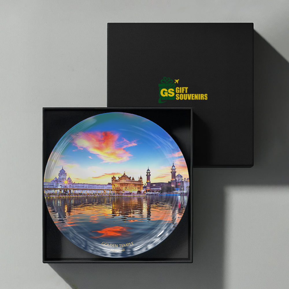 Premium Golden Temple ceramic wall plate celebrating Amritsar heritage, architecture and peaceful evening beauty