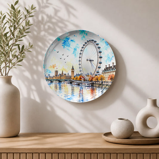 Premium ceramic wall plate showcasing the London Eye and Palace of Westminster beside the River Thames.