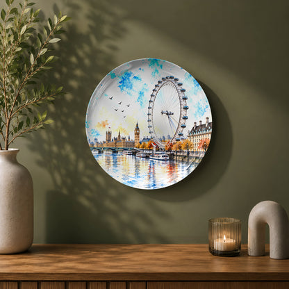 London-inspired ceramic wall plate featuring the iconic London Eye, Big Ben, riverboats, and city skyline.