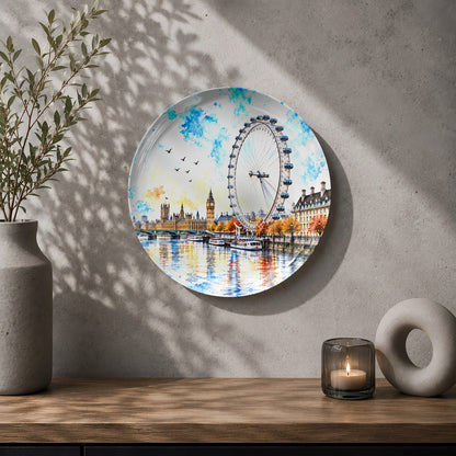 Decorative ceramic wall plate with artistic artwork of the London Eye and historic Westminster skyline.