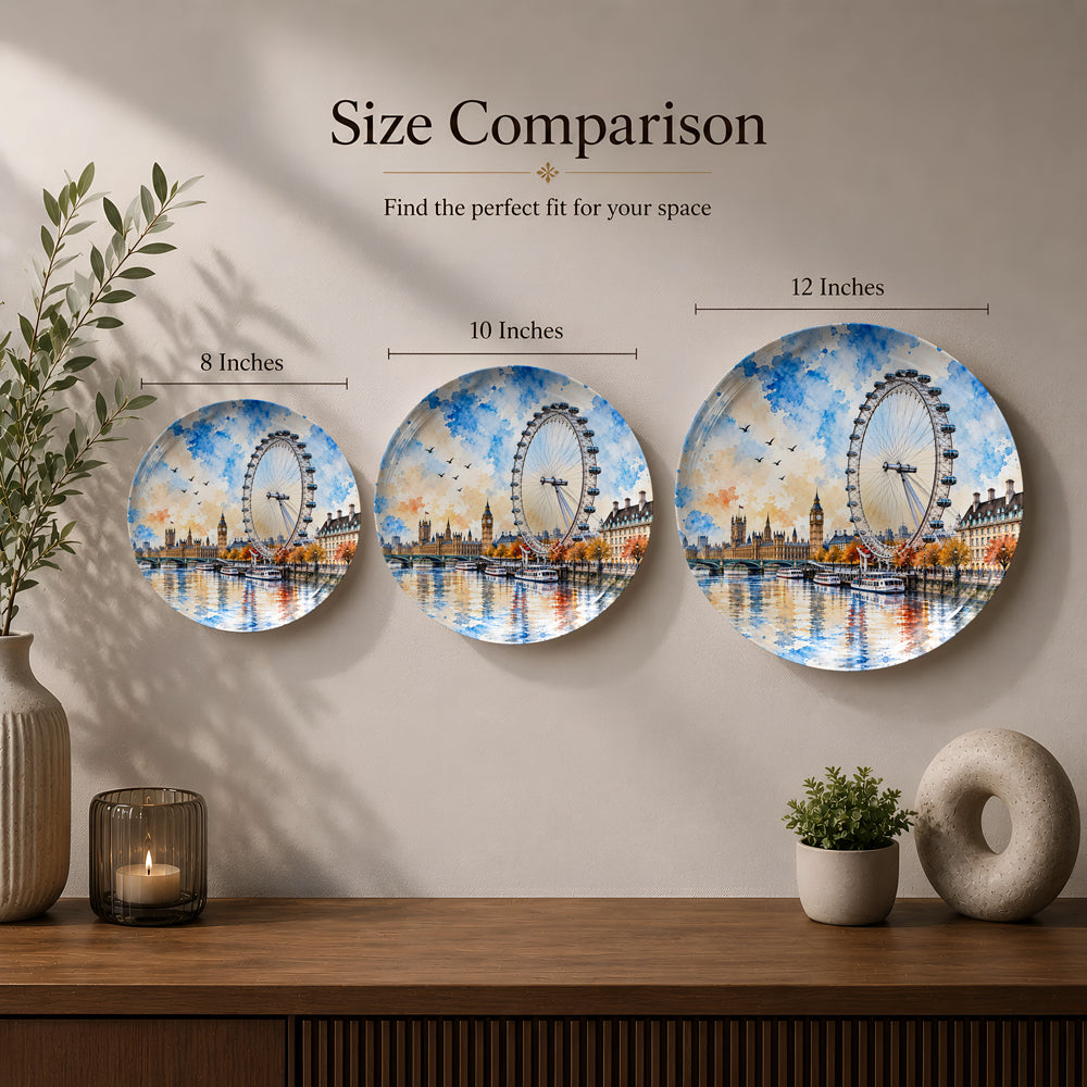 London landmark artwork featuring the London Eye, Big Ben, River Thames, and colourful autumn scenery on a ceramic wall plate.