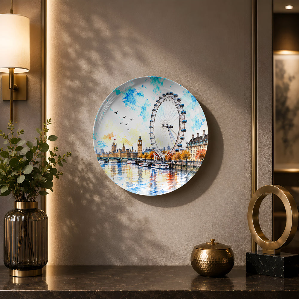 Glossy ceramic wall plate featuring the London Eye and Big Ben beneath a vibrant watercolor-inspired sky.
