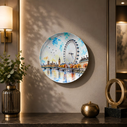 Glossy ceramic wall plate featuring the London Eye and Big Ben beneath a vibrant watercolor-inspired sky.