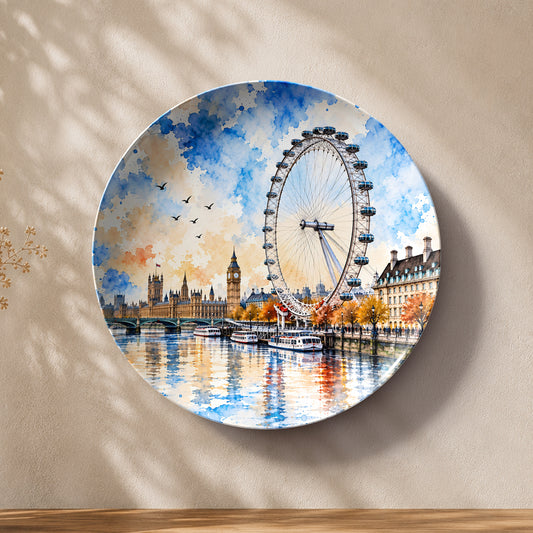 London Eye Panorama ceramic wall plate featuring the London Eye, Big Ben, and River Thames.
