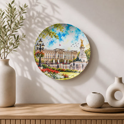 Premium ceramic wall plate showcasing Buckingham Palace surrounded by colourful gardens and flowers.