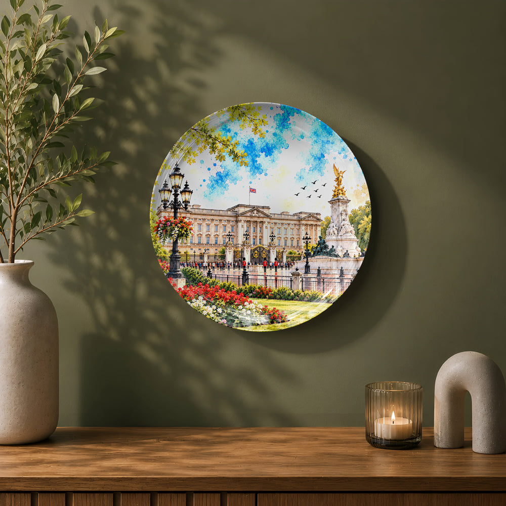 London-inspired ceramic wall plate featuring Buckingham Palace, Victoria Memorial, and royal gardens.