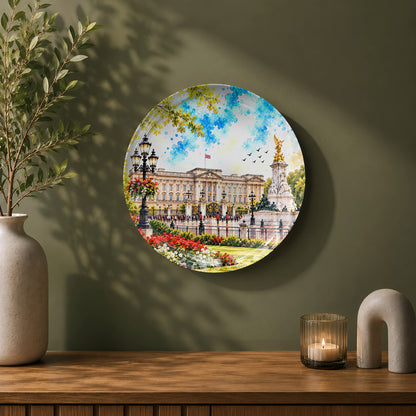 London-inspired ceramic wall plate featuring Buckingham Palace, Victoria Memorial, and royal gardens.