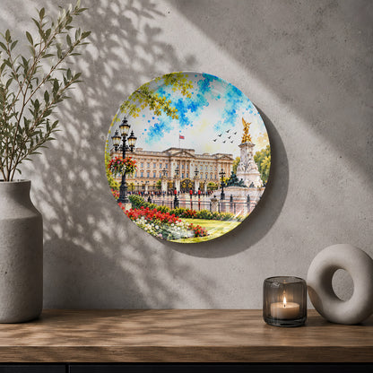 Decorative ceramic wall plate with artistic artwork of Buckingham Palace and its iconic London surroundings.