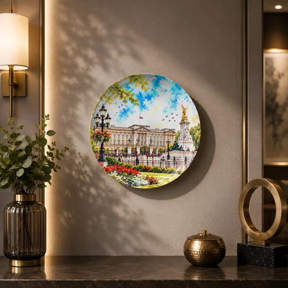 Glossy ceramic wall plate featuring Buckingham Palace beneath a vibrant blue watercolor-inspired sky.
