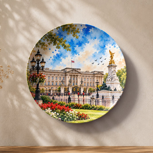 Buckingham Grandeur ceramic wall plate featuring Buckingham Palace and Victoria Memorial in London.