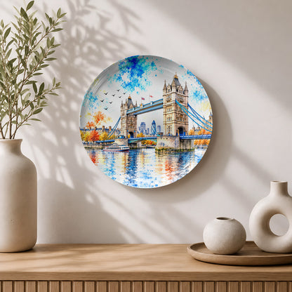 Premium ceramic wall plate showcasing Tower Bridge with colourful reflections on the River Thames.